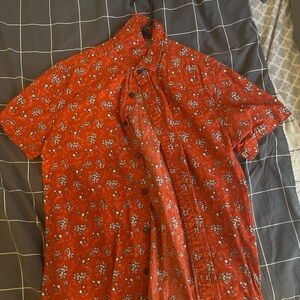 Denim & Flower Red Casual Button Down Shirt Vibrant Floral Design